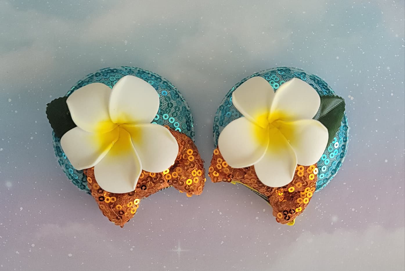 Handmade Moana Tropical Hawaiian Plumeria Flower Mouse Ear Hair Clips – Aqua & Orange Sequin