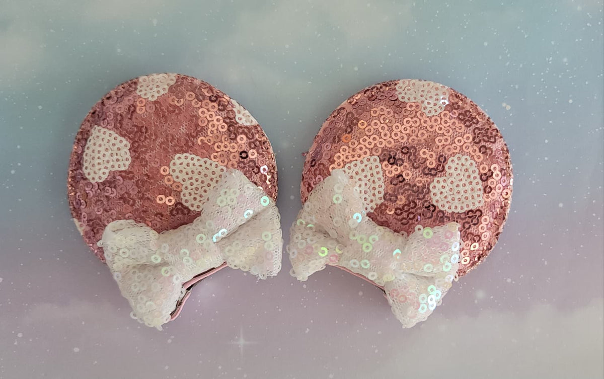 Handmade Minnie Mouse Rose Gold & White Heart Mouse Ear Hair Clips – Pink Sequin Bows