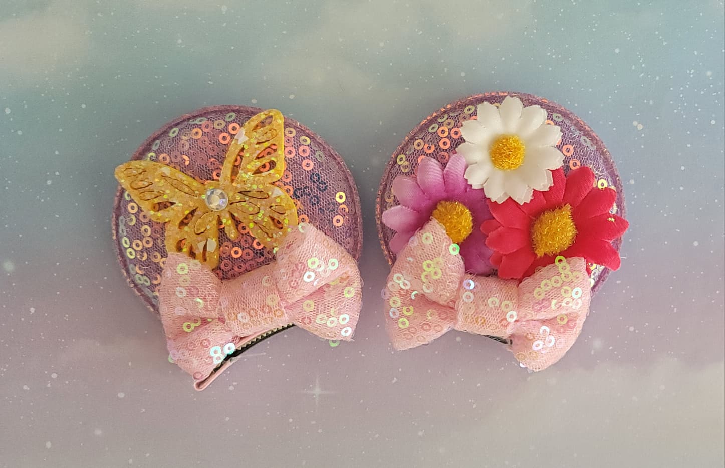Handmade Tangle Rapunzel Floral Butterfly Mouse Ear Hair Clips – Purple Sequin & Daisy Flower Barrettes