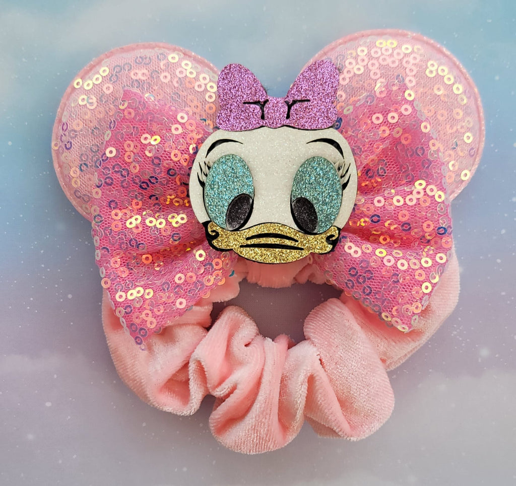 Handmade Daisy Duck Character Mouse Ear Hair Scrunchie – Pink Sequin & Velvet Scrunchie