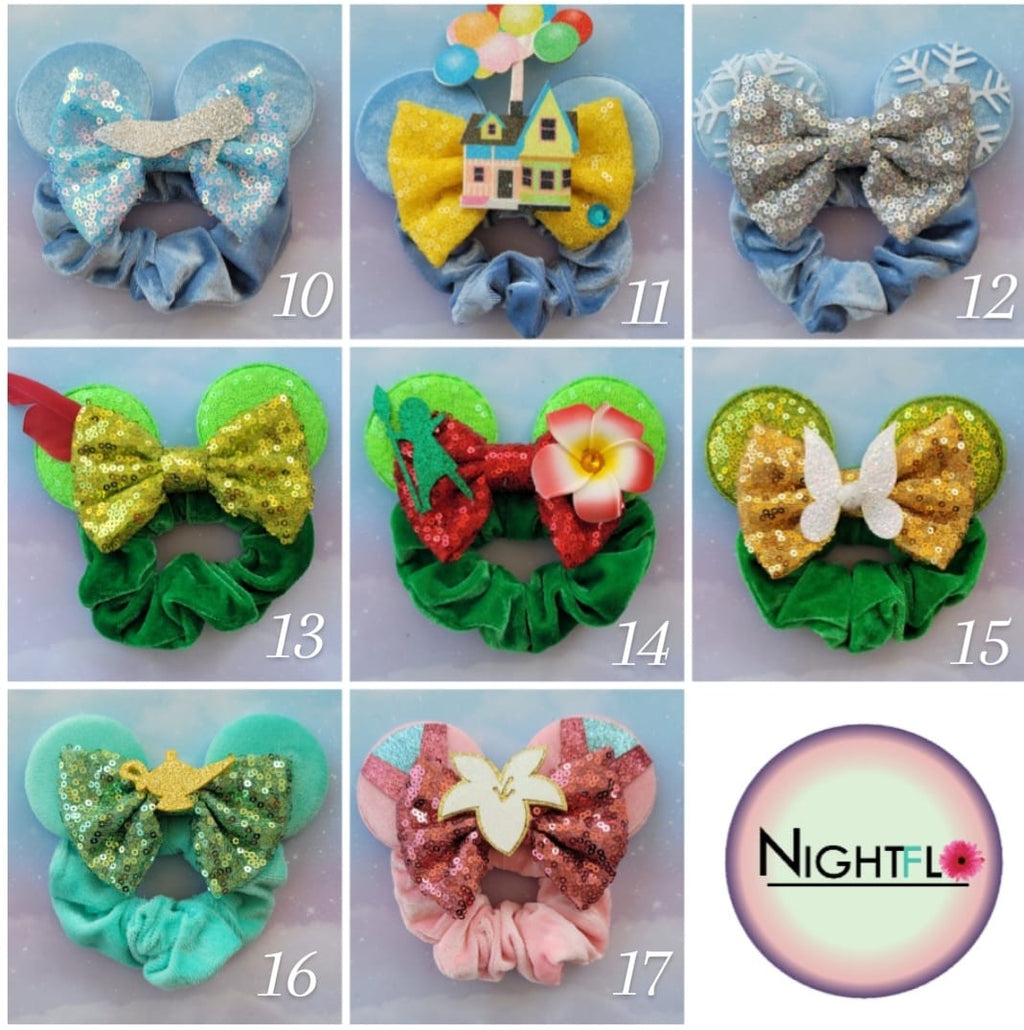 Handmade Princess Belle Mouse Ears Hair Scrunchie – Gold Sequin, Metallic Red Bow & Tiara