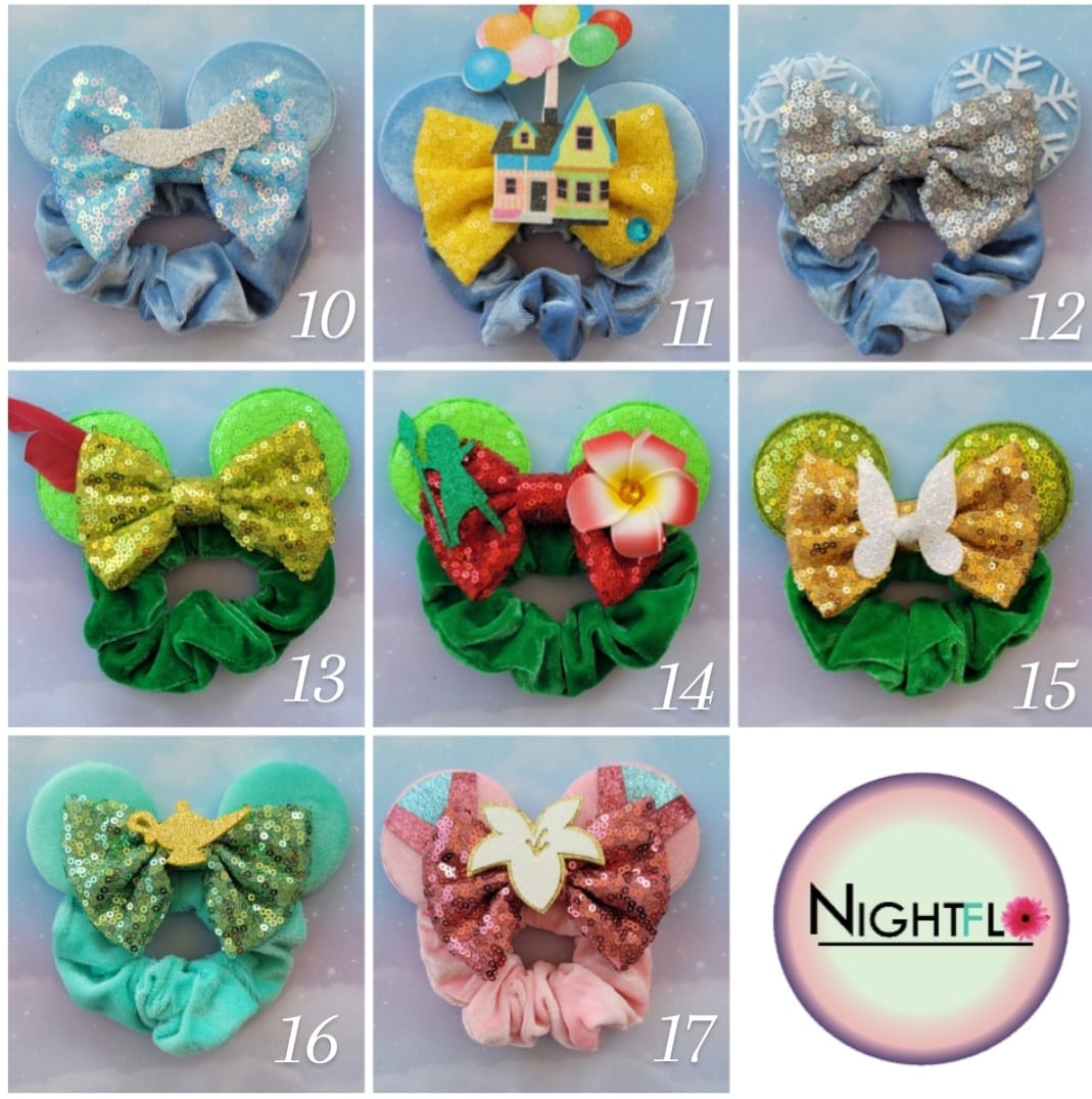Handmade Princess Belle Mouse Ears Hair Scrunchie – Gold Sequin, Metallic Red Bow & Tiara