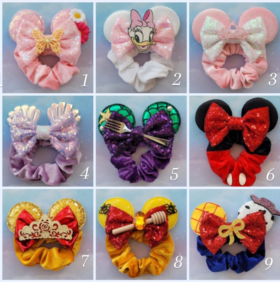 Handmade Daisy Duck Character Mouse Ear Hair Scrunchie – Pink Sequin & Velvet Scrunchie