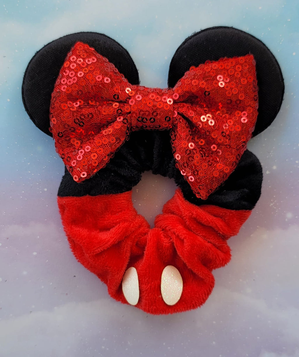 Handmade Classic Red & Black Minnie Mouse Ear Hair Scrunchie – Plush Velvet & Sequin Bow