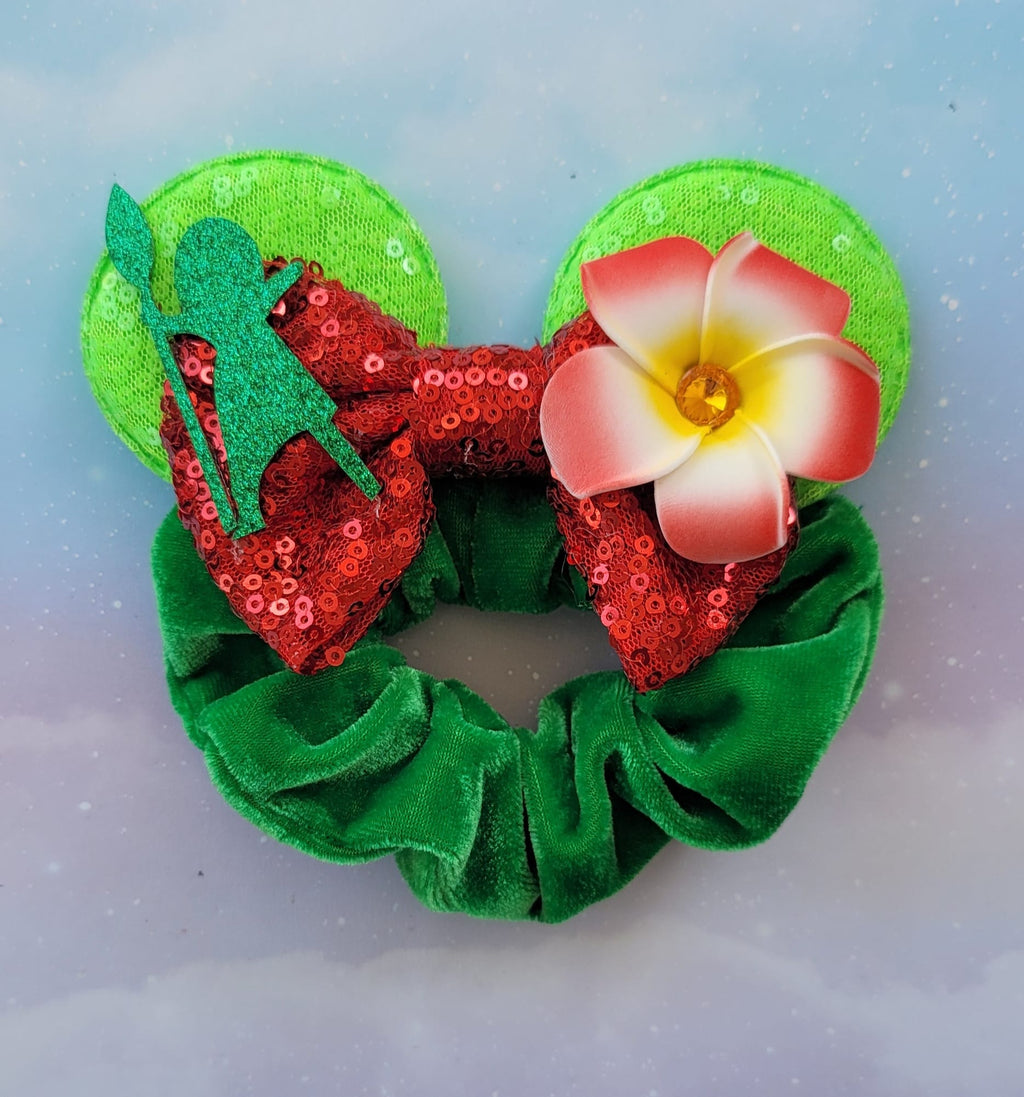 Handmade Moana Island Wayfinder Mouse Ear Hair Scrunchie – Green Velvet & Tropical Plumeria