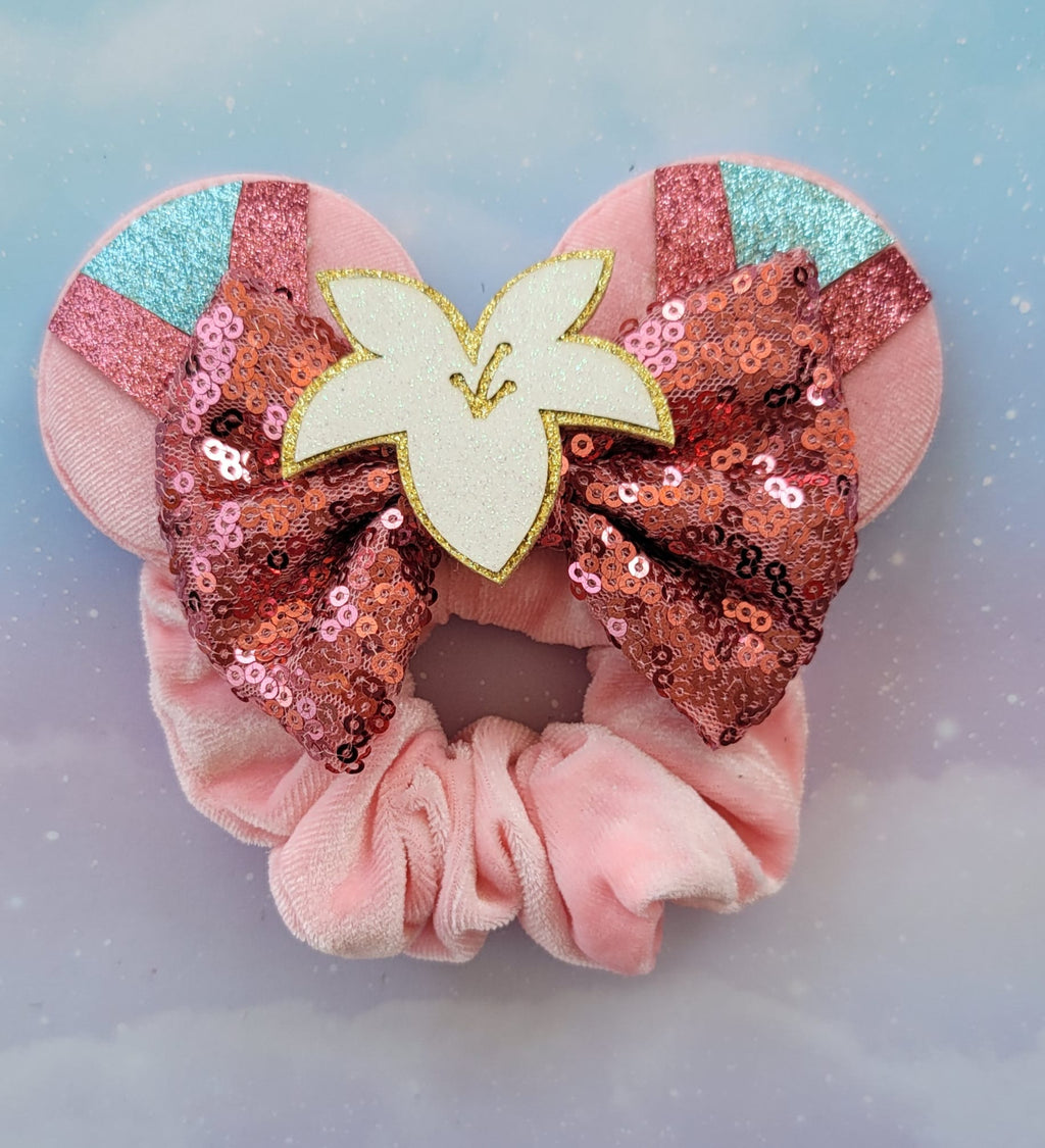Handmade Mulan Magic Flower Mouse Ear Hair Scrunchie – Pink Velvet & Sparkle Flower