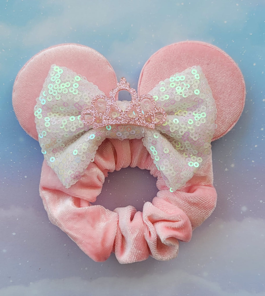 Handmade Pink Princess Mouse Ears Hair Scrunchie – Light Pink Velvet, Sparkle Bow & Pink Crown