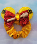 Handmade Winnie the Pooh Hunny Bear Mouse Ears Hair Scrunchie – Yellow Velvet, Bumblebees & Wooden Honey Dipper