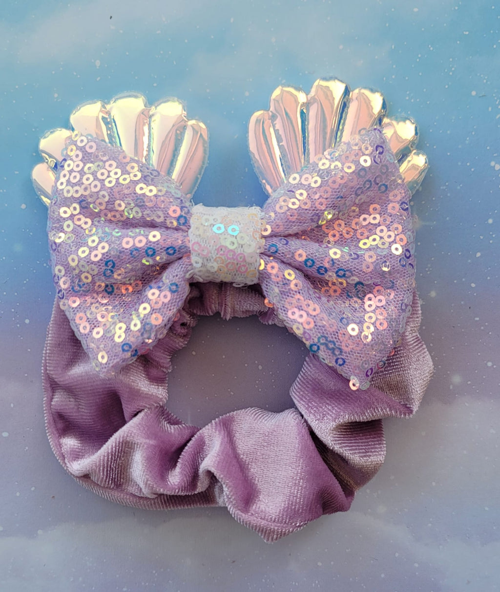 Handmade Little Mermaid Ariel Seashell Mouse Ear Hair Scrunchie – Lavender Velvet & Iridescent Shells