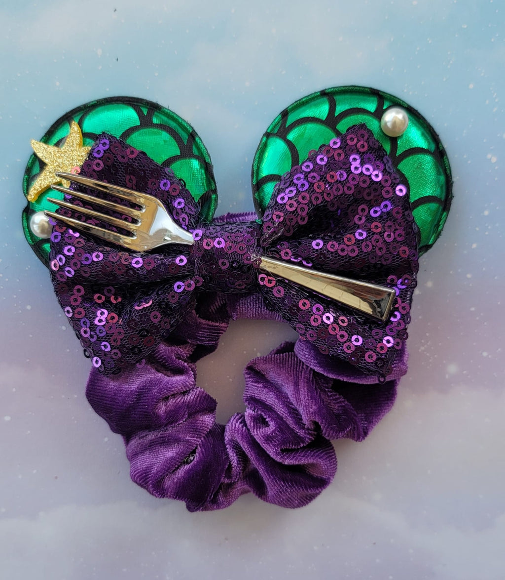 Handmade Little Mermaid Dinglehopper Mouse Ear Hair Scrunchie – Purple Velvet & Metallic Green Scale