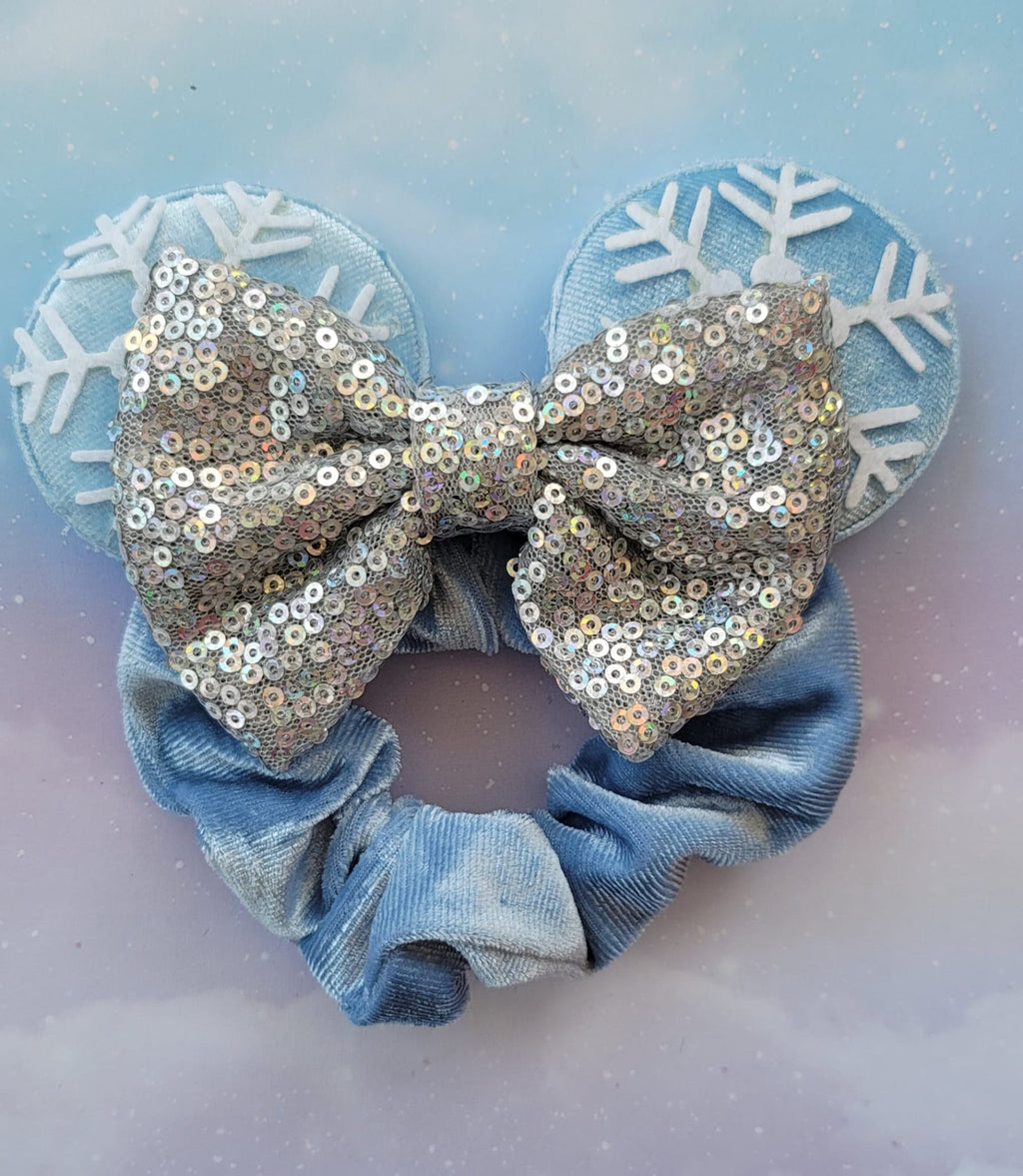 Handmade Frozen Snow Queen Elsa Mouse Ears Hair Scrunchie – Ice Blue Velvet, Snowflake Accents & Silver Sequin Bow