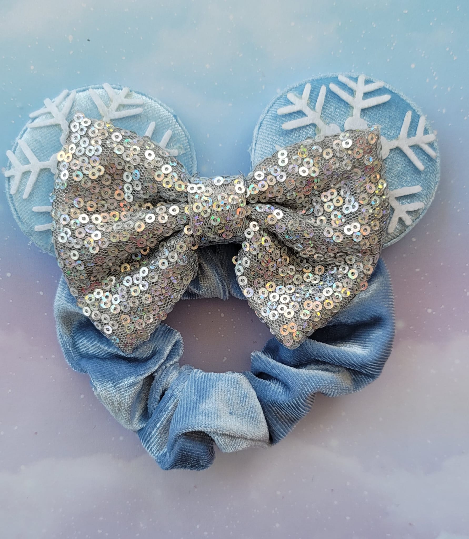 Handmade Frozen Snow Queen Elsa Mouse Ears Hair Scrunchie – Ice Blue Velvet, Snowflake Accents & Silver Sequin Bow