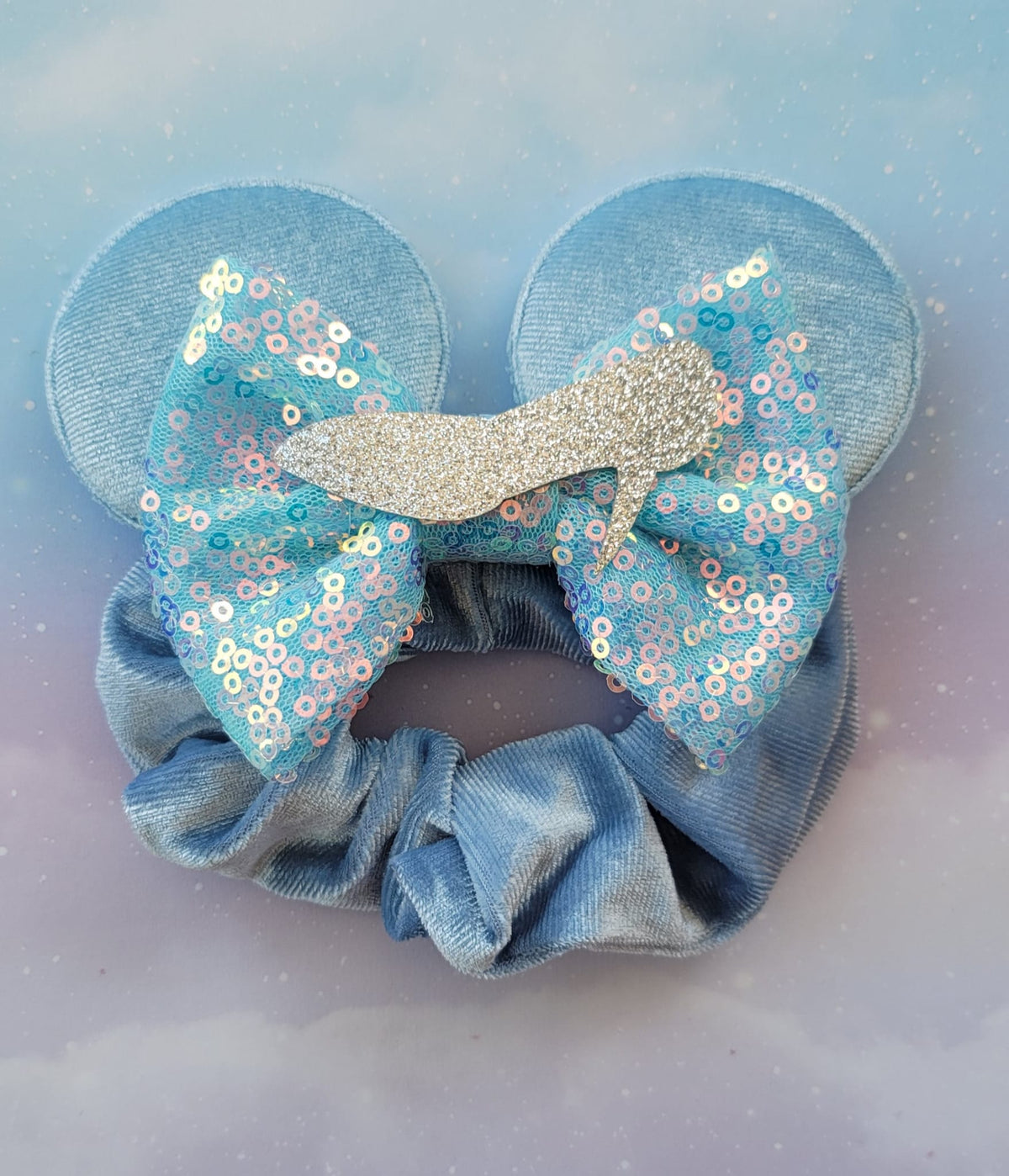 Handmade Princess Cinderella Mouse Ears Hair Scrunchie – Powder Blue Velvet, Sequin Bow & Silver Slipper