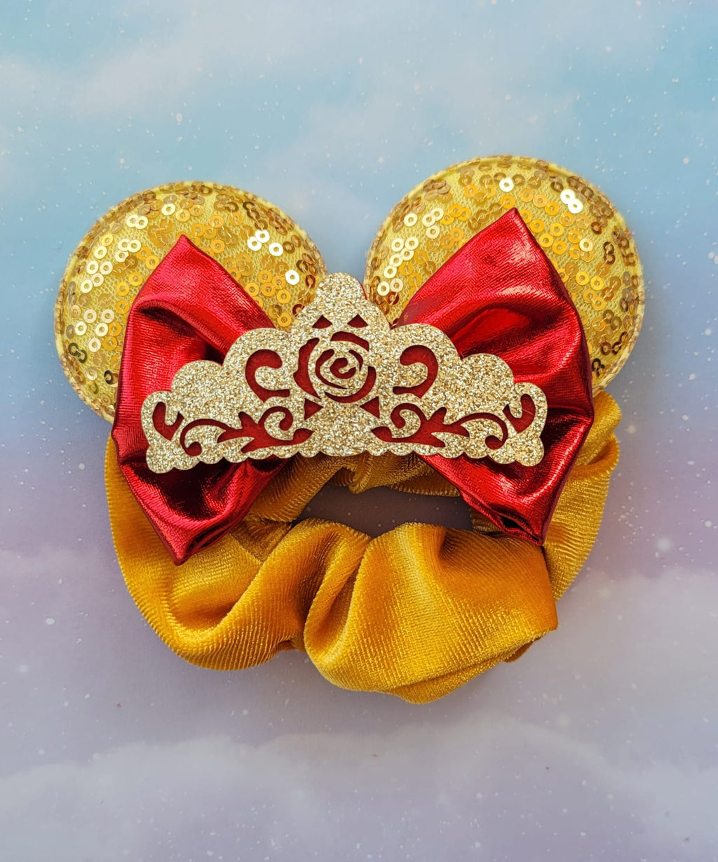 Handmade Princess Belle Mouse Ears Hair Scrunchie – Gold Sequin, Metallic Red Bow & Tiara