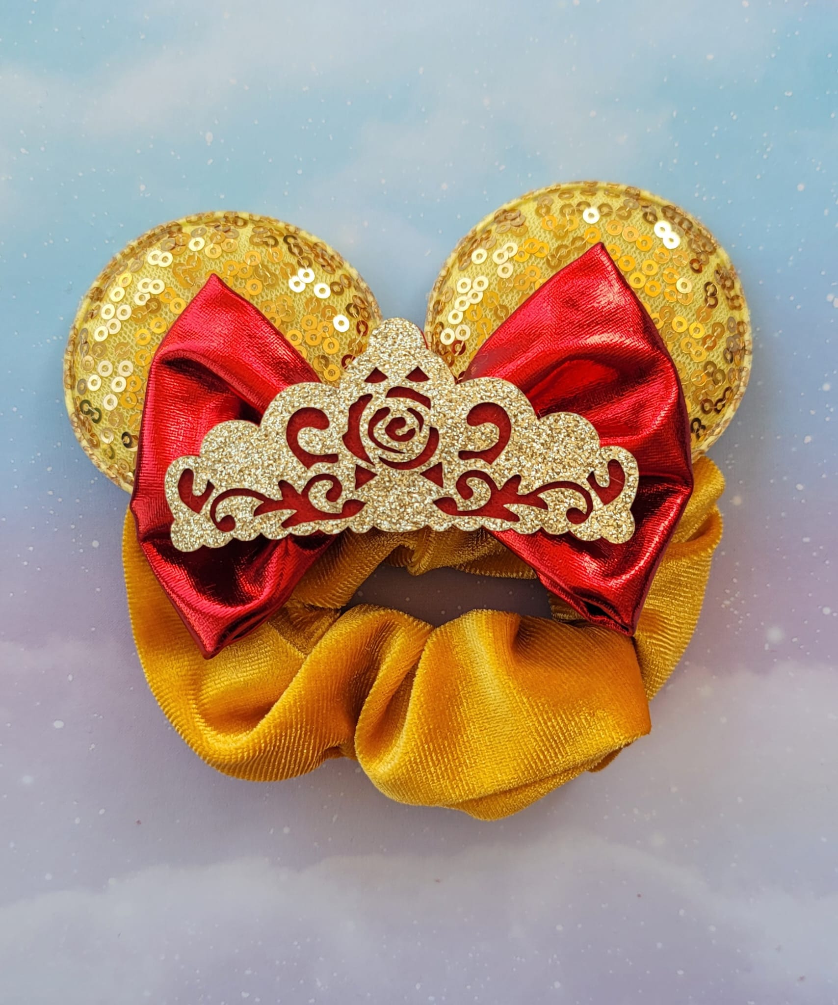 Handmade Princess Belle Mouse Ears Hair Scrunchie – Gold Sequin, Metallic Red Bow & Tiara