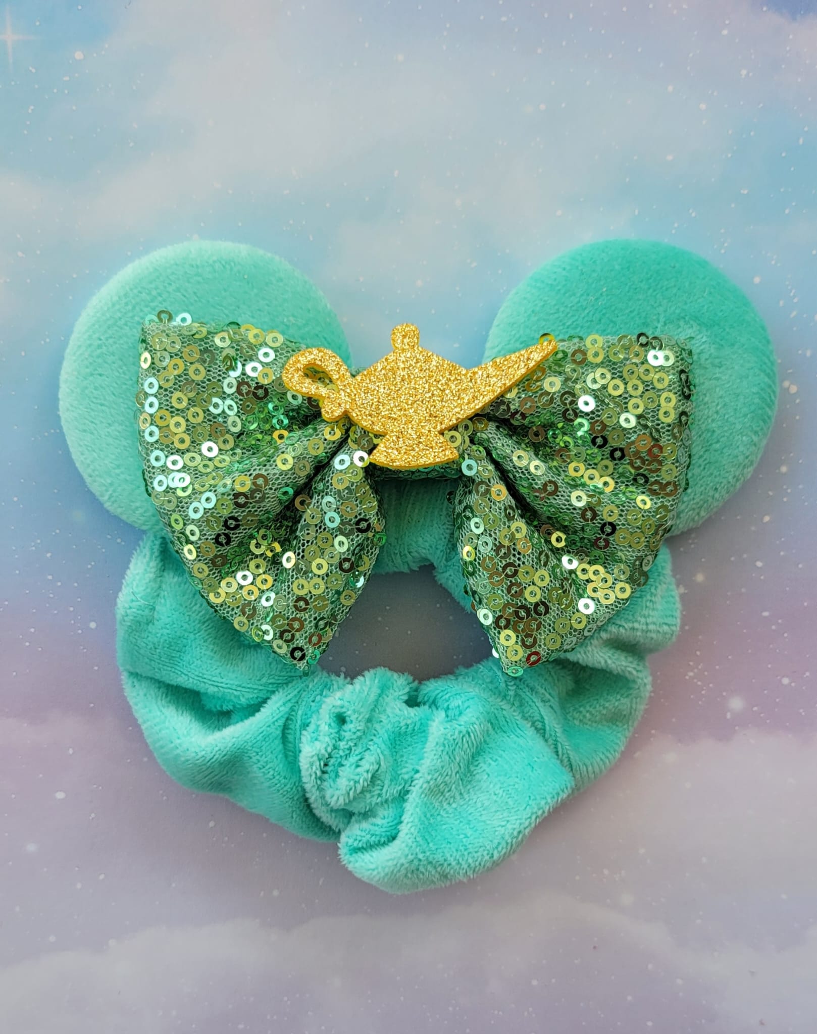 Handmade Jasmine Genie Magic Lamp Mouse Ear Hair Scrunchie – Teal Velvet & Gold Lamp