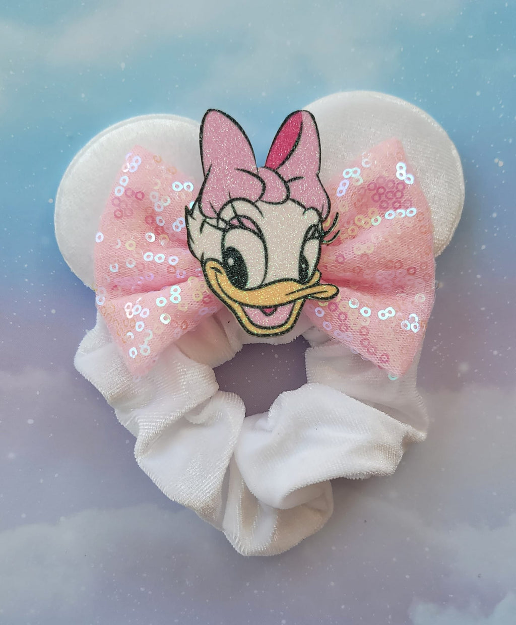 Handmade Daisy Duck Mouse Ears Hair Scrunchie – White Velvet, Iridescent Pink Bow & Character Charm