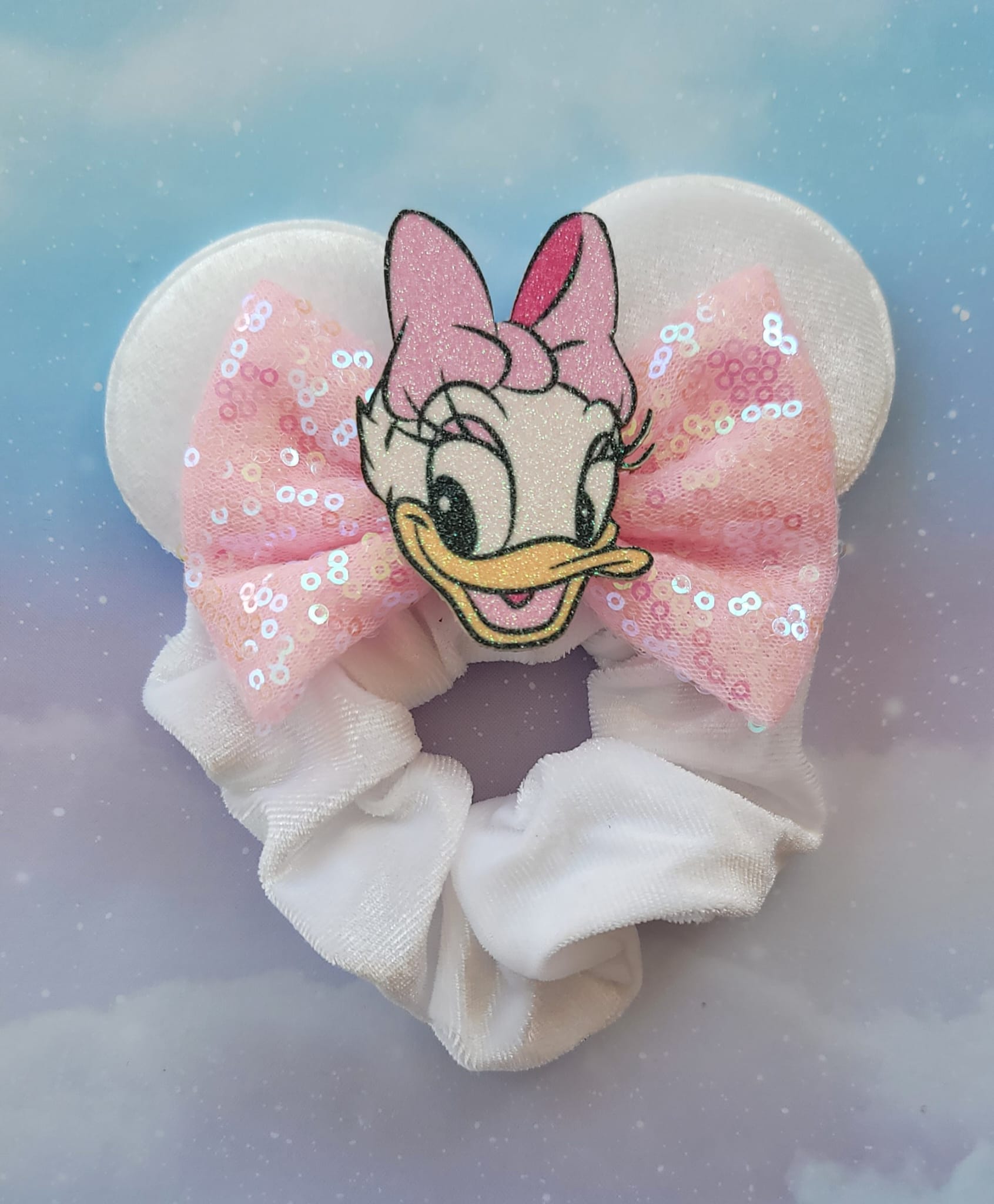 Handmade Daisy Duck Mouse Ears Hair Scrunchie – White Velvet, Iridescent Pink Bow & Character Charm
