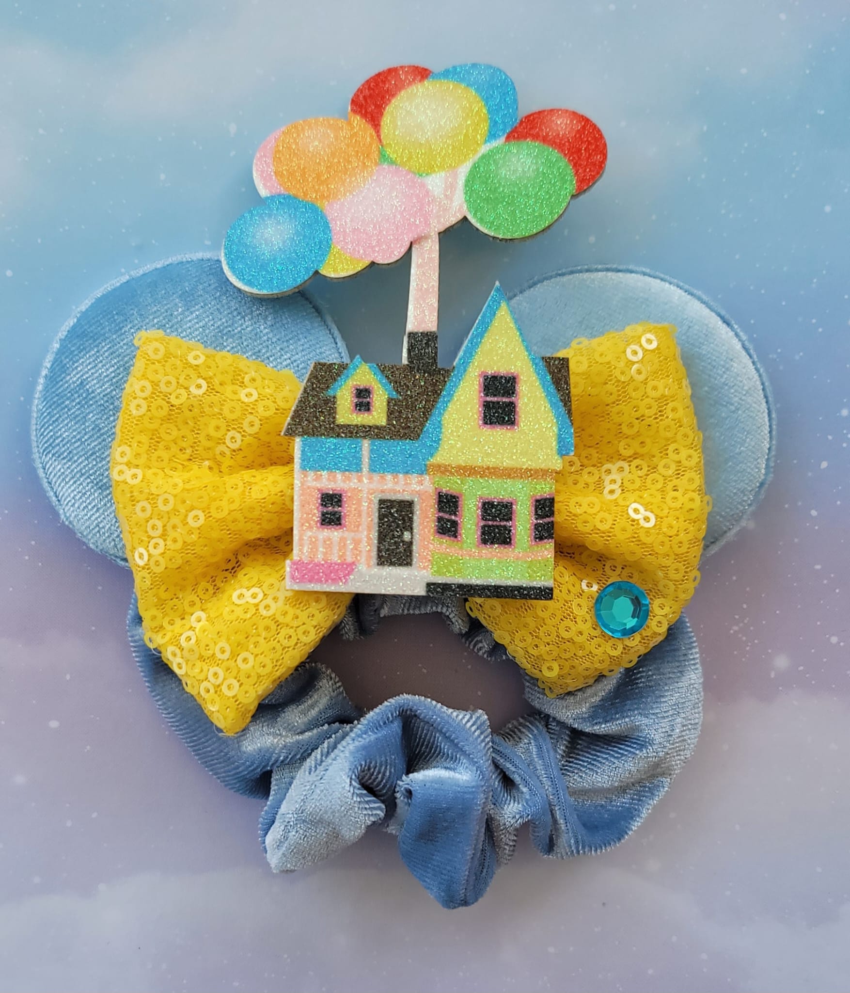 Handmade UP Adventure Is Out There Mouse Ears Hair Scrunchie – Light Blue Velvet, Yellow Bow & Floating House