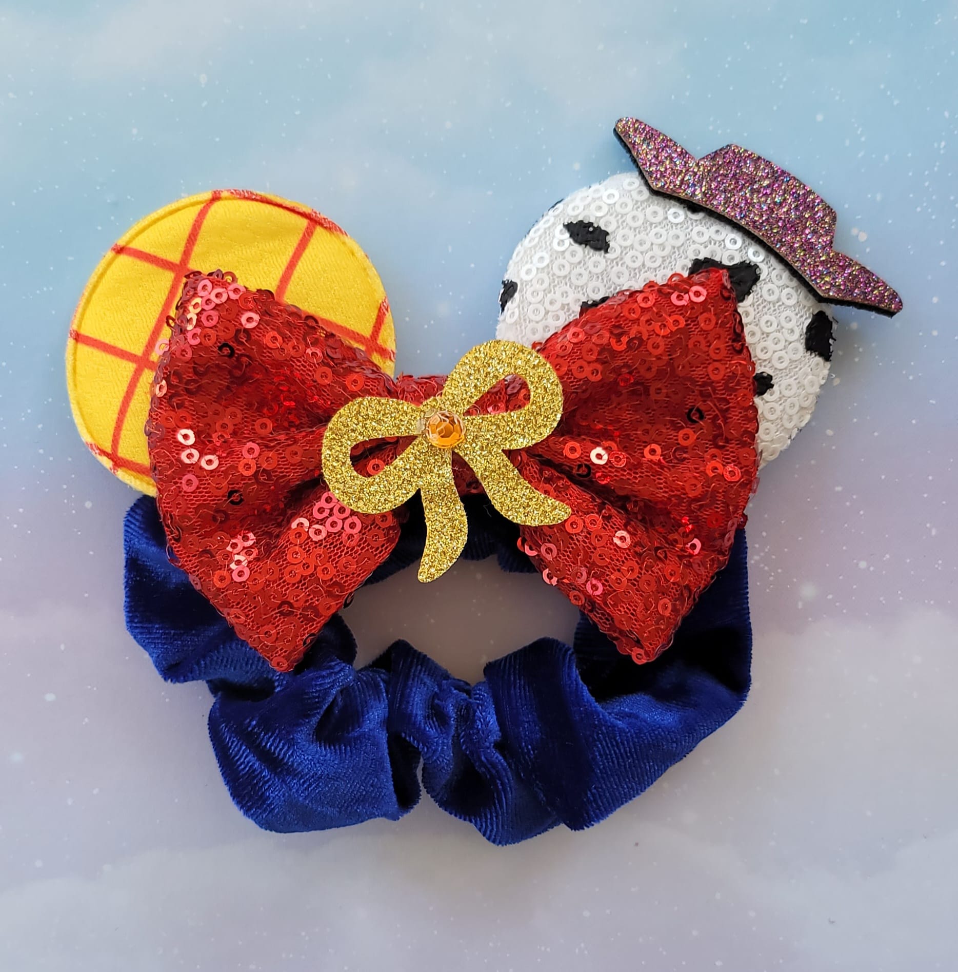 Handmade Toy Story Jesse Cowgirl Mouse Ears Hair Scrunchie – Royal Blue Velvet, Yellow Plaid & Cow Print