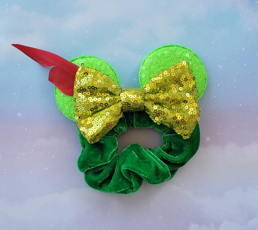 Handmade Peter Pan Mouse Ears Hair Scrunchie – Forest Green Velvet, Lime Sequin & Red Feather