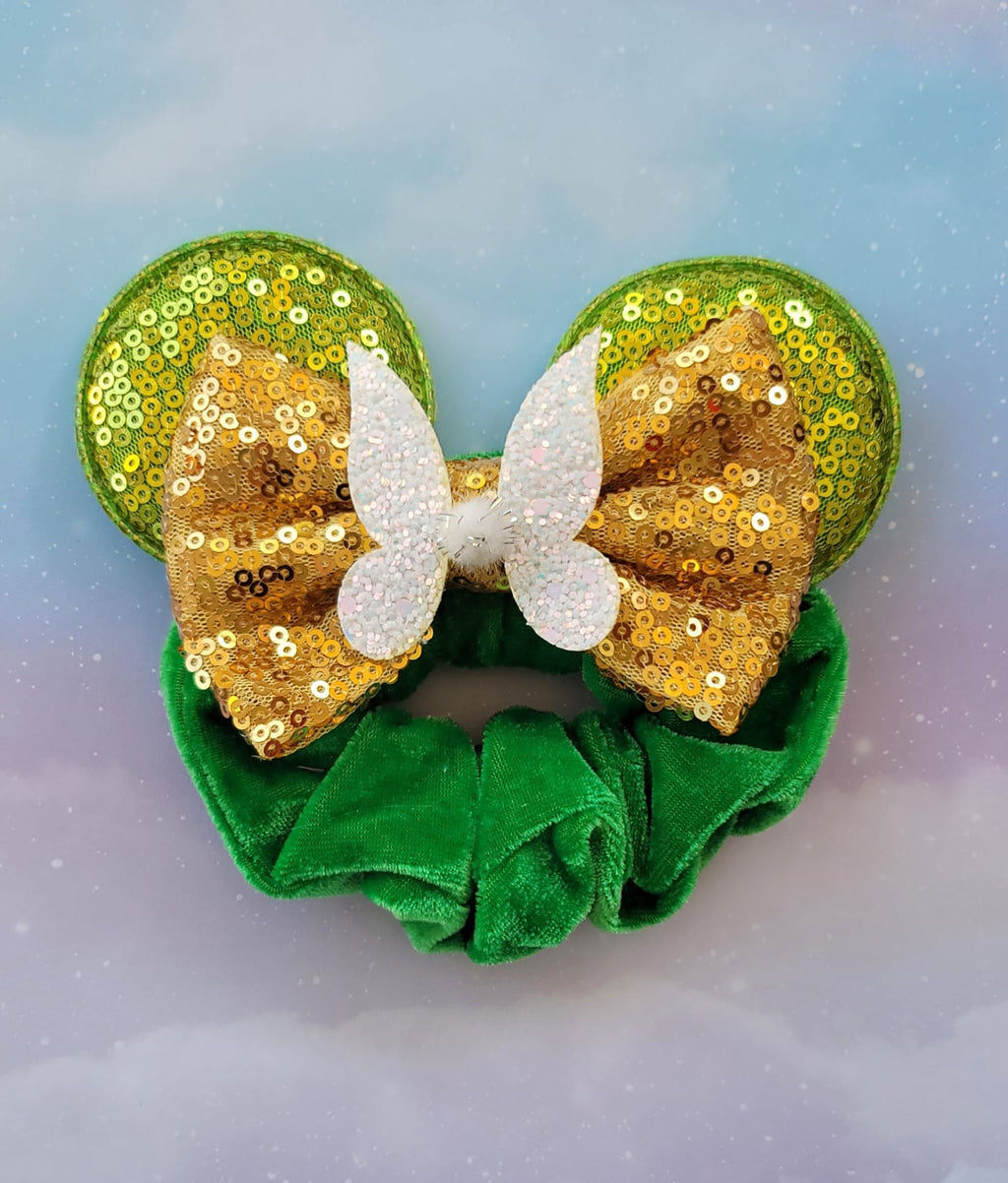 Handmade Tinker Fairy Mouse Ears Hair Scrunchie – Green Velvet, Lime Sequin & Sparkly Wings