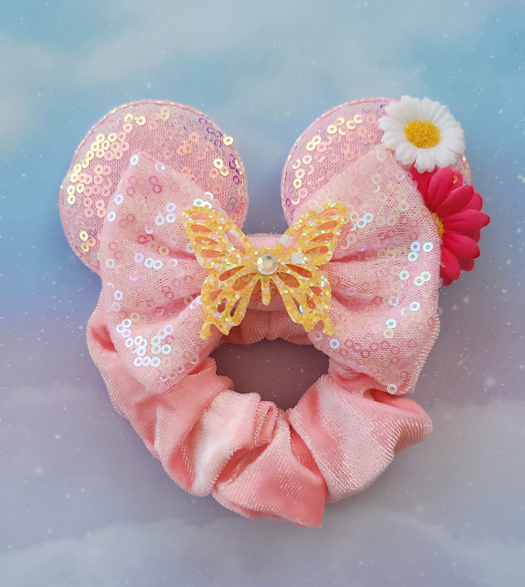 Handmade Princess Cinderella Mouse Ears Hair Scrunchie – Powder Blue Velvet, Sequin Bow & Silver Slipper