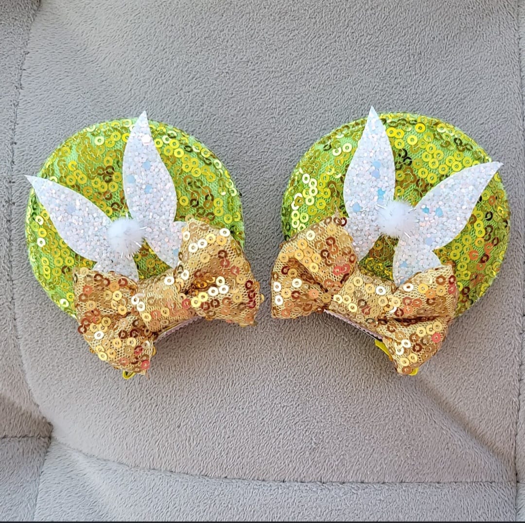 Handmade Tinker Bell Fairy Mouse Ear Hair Clips – Lime Green & Gold Sequin
