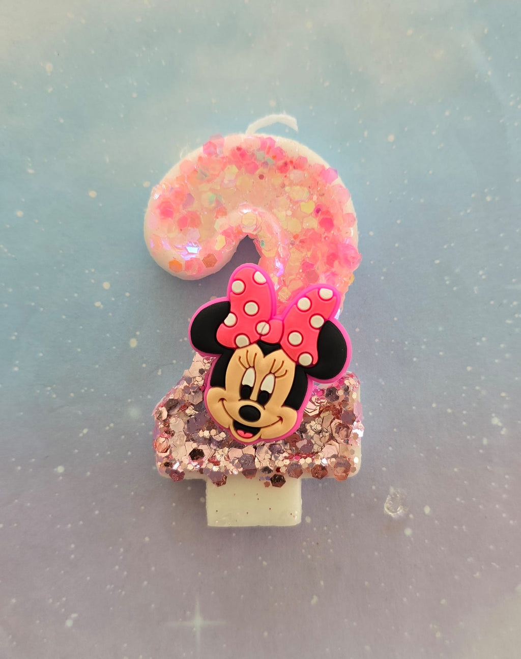 Handmade Minnie Mouse Birthday Number 2 Candle – Pink Glitter Cake Topper