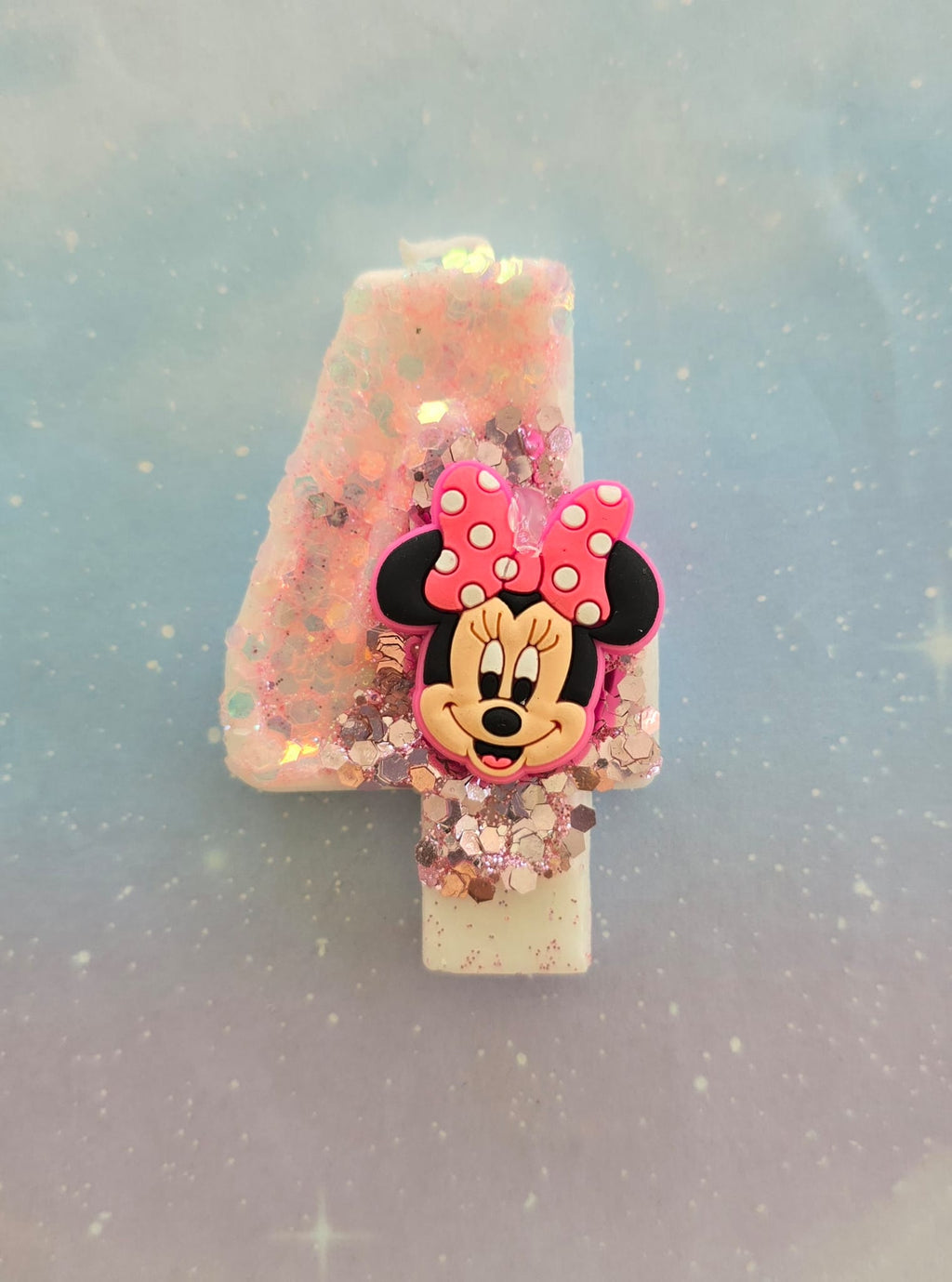 Handmade Minnie Mouse Birthday Number 4 Candle – Pink Glitter Cake Topper