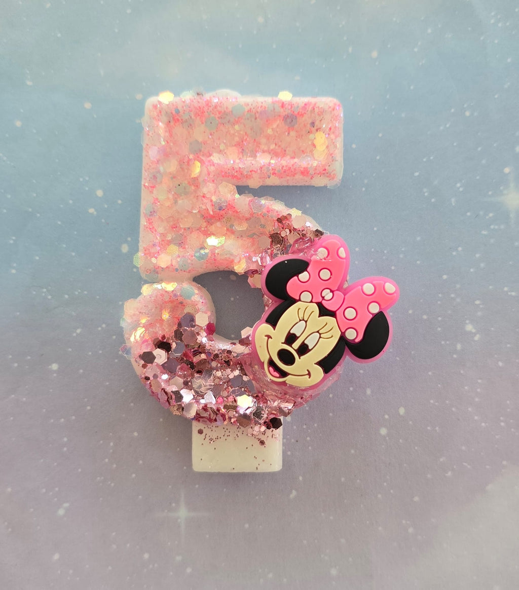 Handmade Minnie Mouse Birthday Number 5 Candle – Pink Glitter Cake Topper