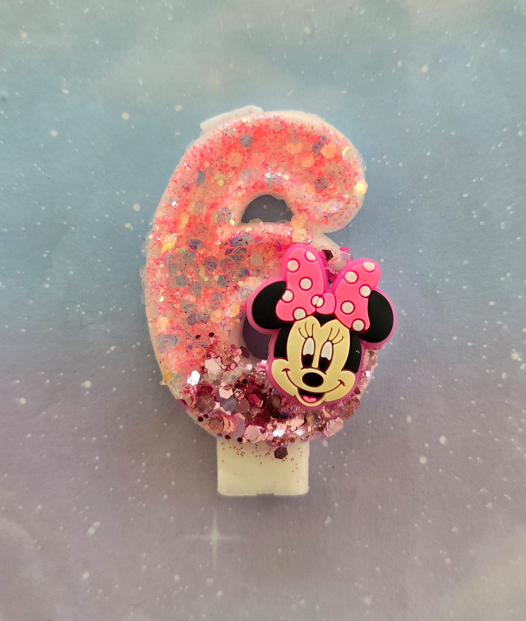 Handmade Minnie Mouse Birthday Number 6 Candle – Pink Glitter Cake Topper