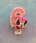 Handmade Minnie Mouse Birthday Number 6 Candle – Pink Glitter Cake Topper