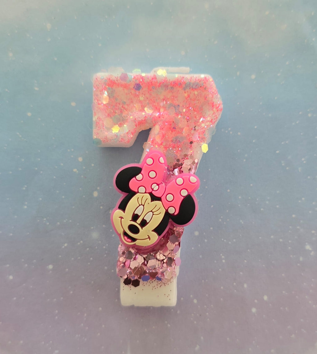 Handmade Minnie Mouse Birthday Number 7 Candle – Pink Glitter Cake Topper