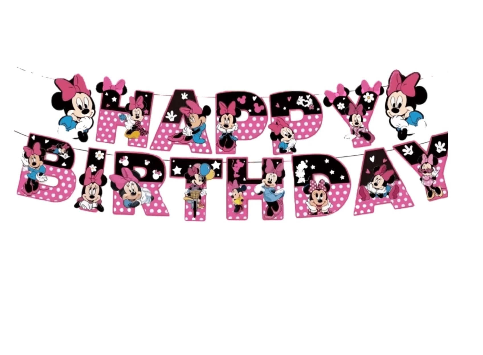 Pink & Black Minnie Mouse Happy Birthday Hanging Garland – Character Theme Birthday Decoration