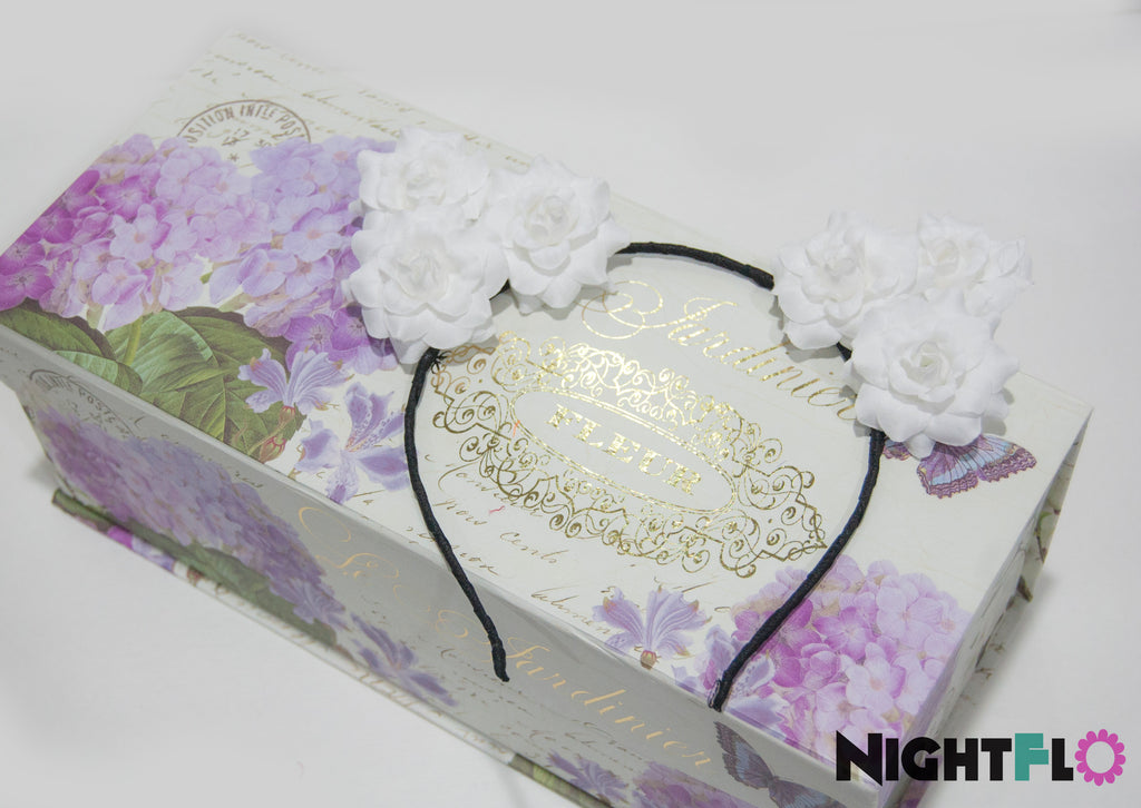 White Floral Rose Kitty Ear Headband – Optional LED Light-Up Finish