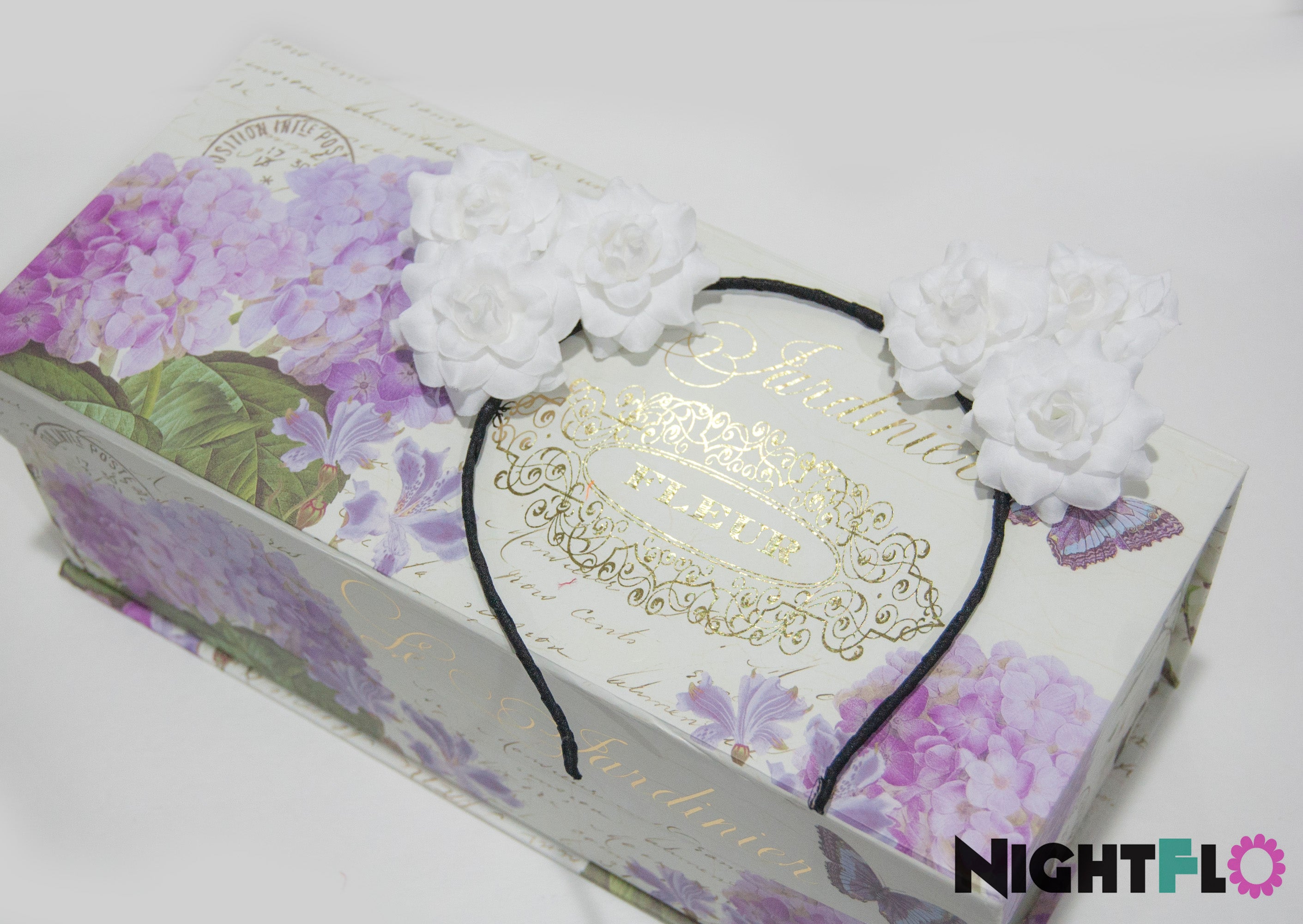 White Floral Rose Kitty Ear Headband – Optional LED Light-Up Finish