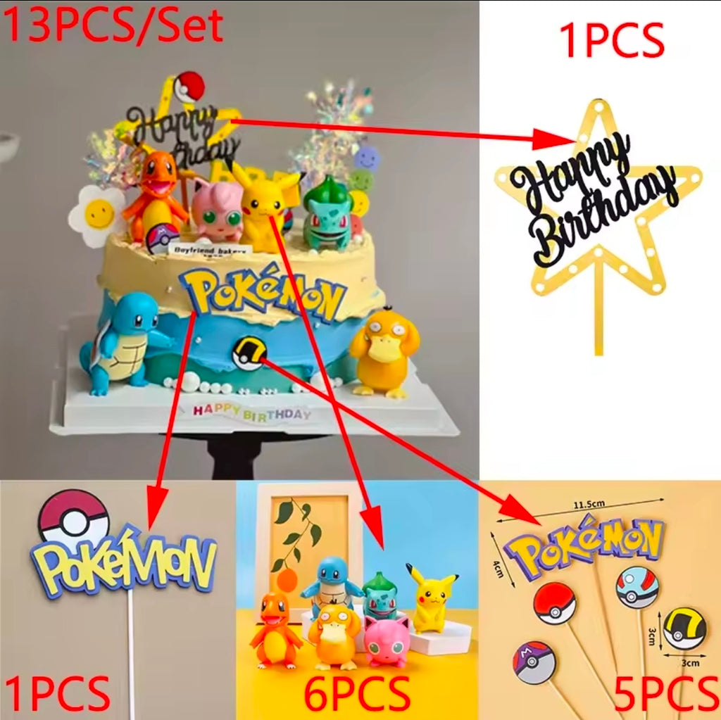Deluxe Pokémon Birthday Cake 13 pcs Topper Set – Includes Figurines, Poké Balls, & Happy Birthday Sign