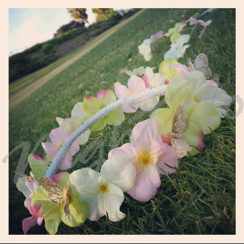 Glowing LED Enchanted  Fairy Garden Flower Crown – Light-Up Pastel Floral & Gold Butterfly Headpiece  Light Up Flower Crown Headband (White LED) |Music Festival| EDC