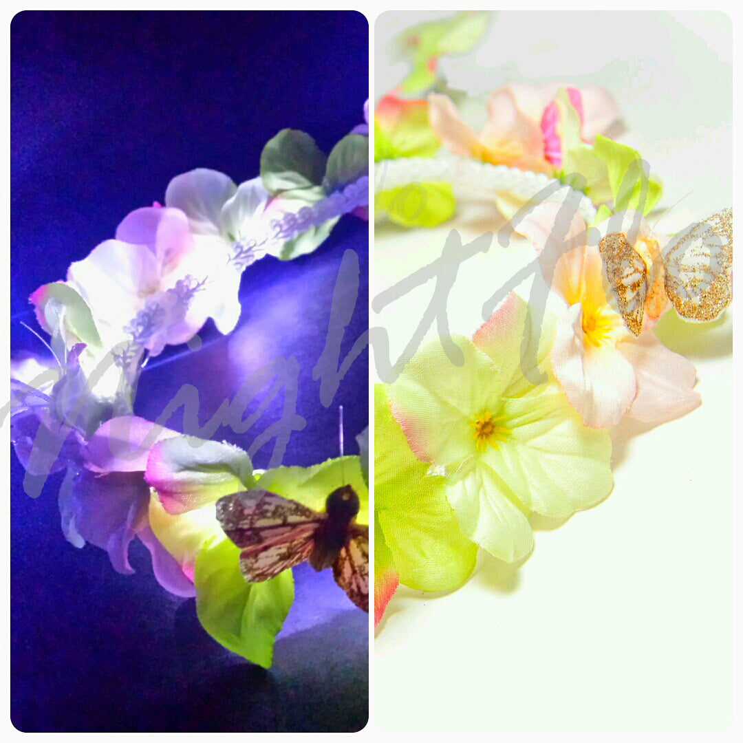 Glowing LED Enchanted  Fairy Garden Flower Crown – Light-Up Pastel Floral & Gold Butterfly Headpiece  Light Up Flower Crown Headband (White LED) |Music Festival| EDC