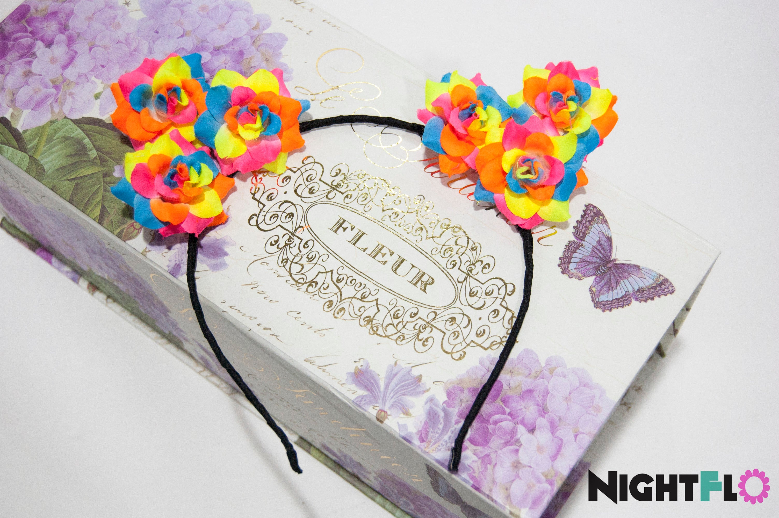 Kandi Rainbow Floral Kitty Ears Headband – Neon Rainbow Rose Kitty Ears w Optional LED Light-Up Finish