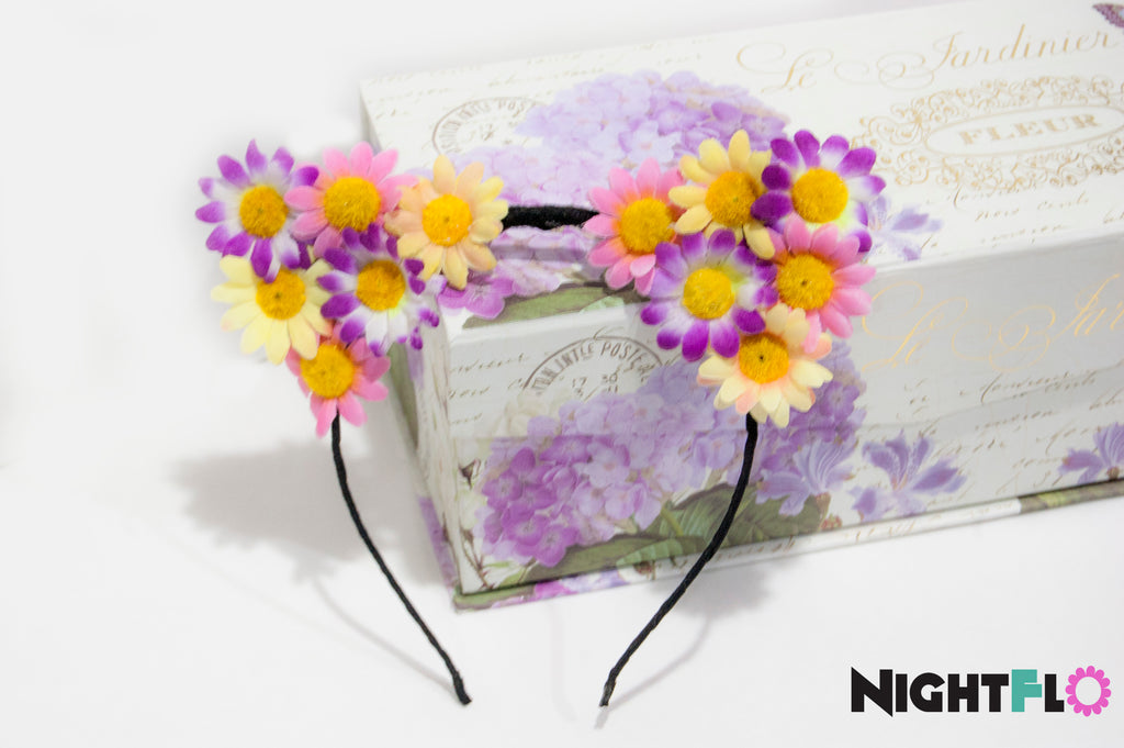 Lavender Plush Daisy Floral Kitty Ears Headband – Purple, Pink & Yellow Daisy Kitty Ears w Optional LED Light-Up Finish