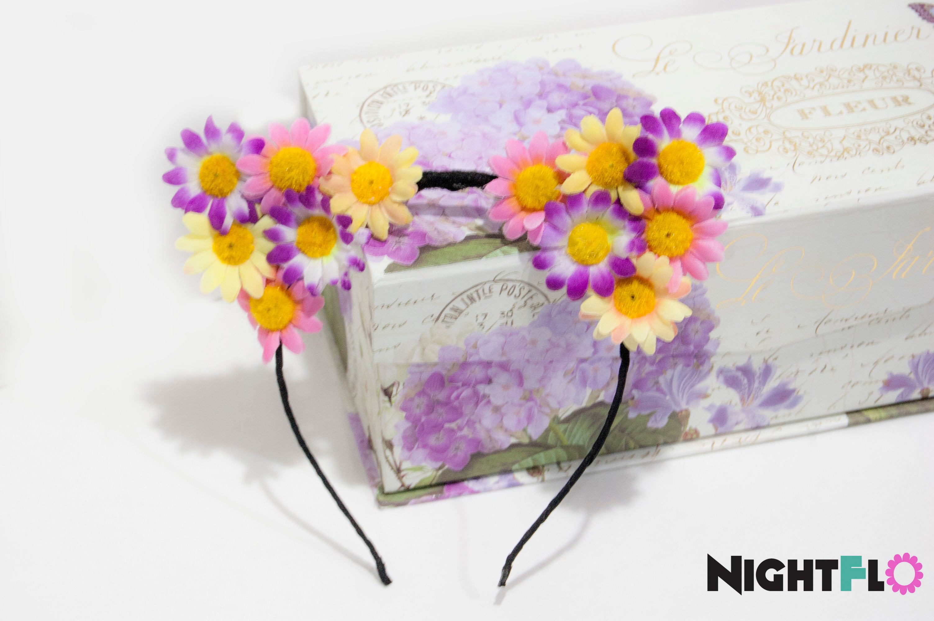 Lavender Plush Daisy Floral Kitty Ears Headband – Purple, Pink & Yellow Daisy Kitty Ears w Optional LED Light-Up Finish