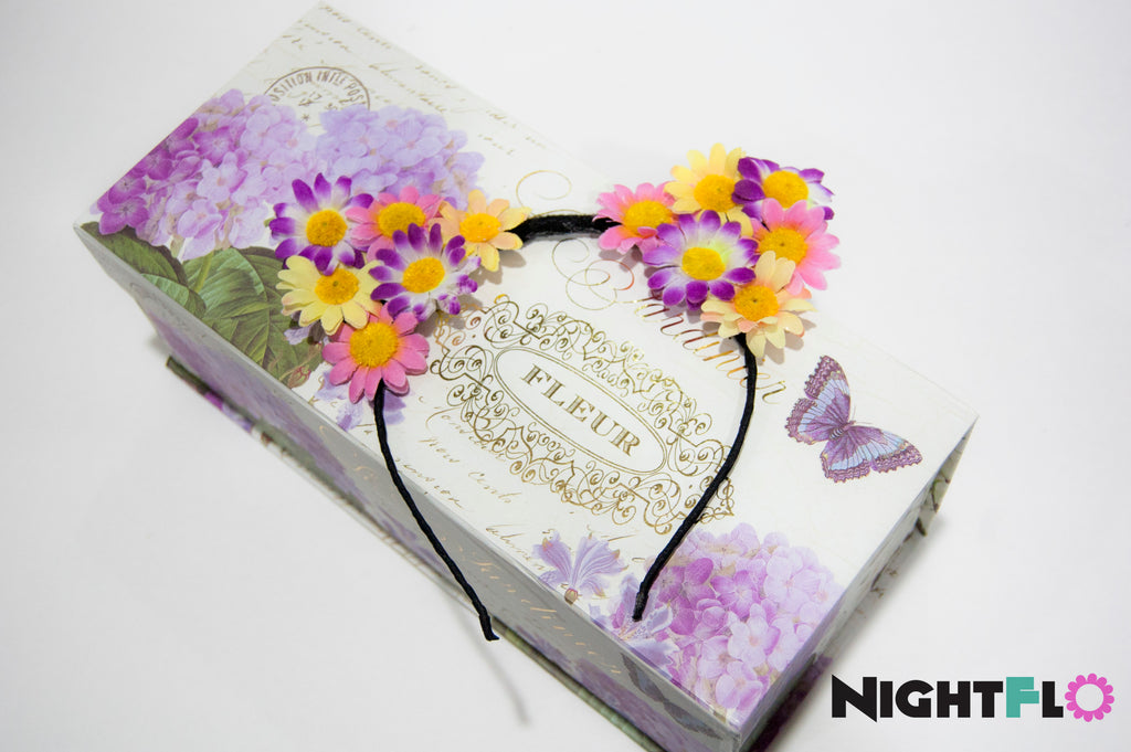 Lavender Plush Daisy Floral Kitty Ears Headband – Purple, Pink & Yellow Daisy Kitty Ears w Optional LED Light-Up Finish