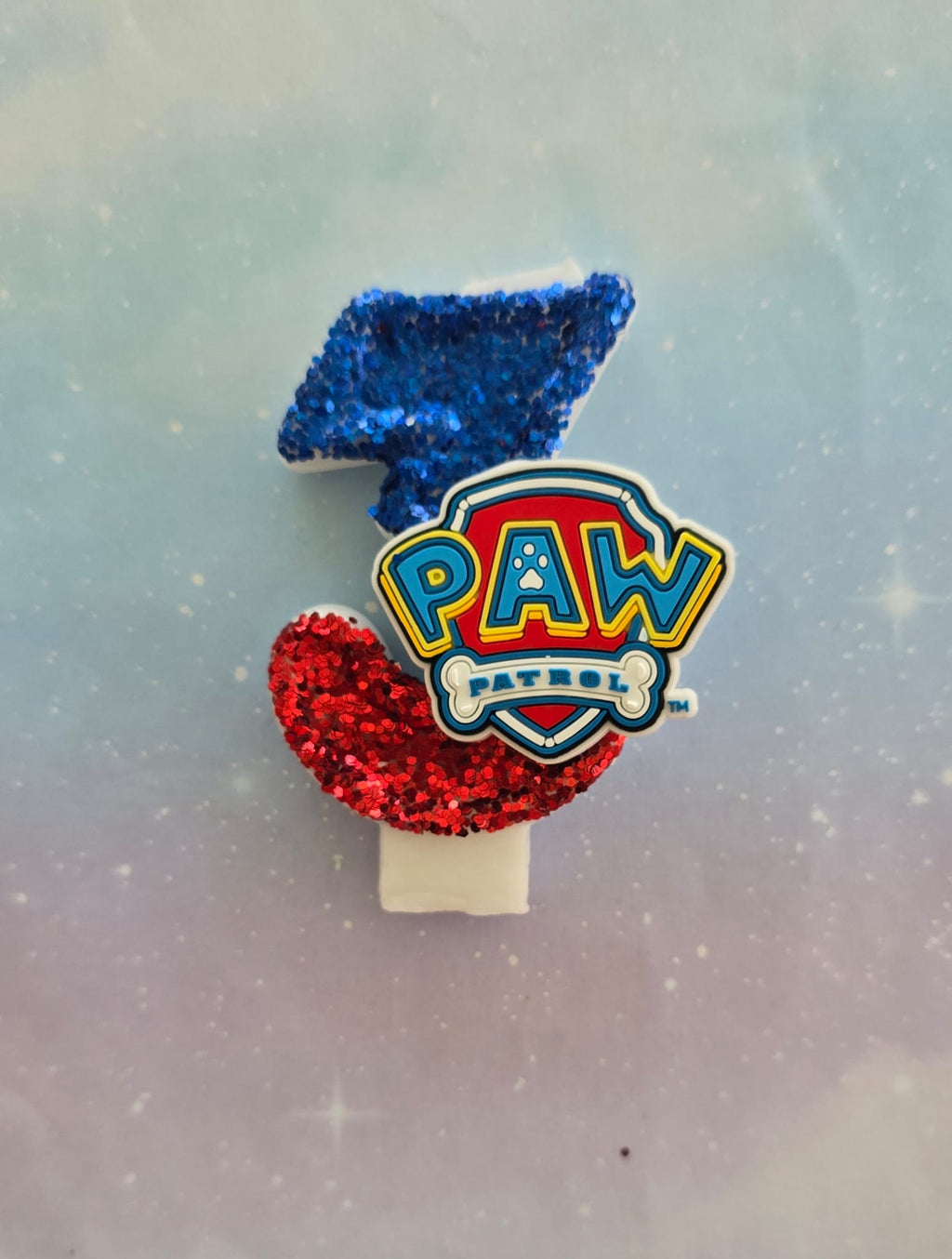 Paw Patrol Shield Birthday Number 3 Candle – Sparkly Royal Blue & Red Glitter Topper