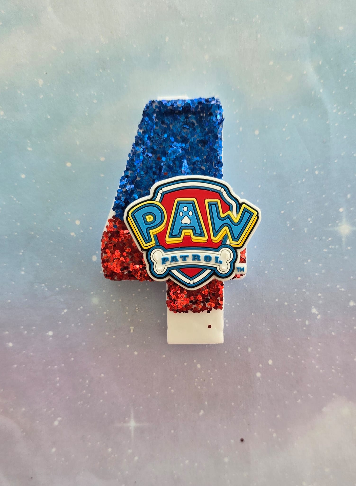 Paw Patrol Shield Birthday Number 4 Candle – Sparkly Royal Blue & Red Glitter Topper