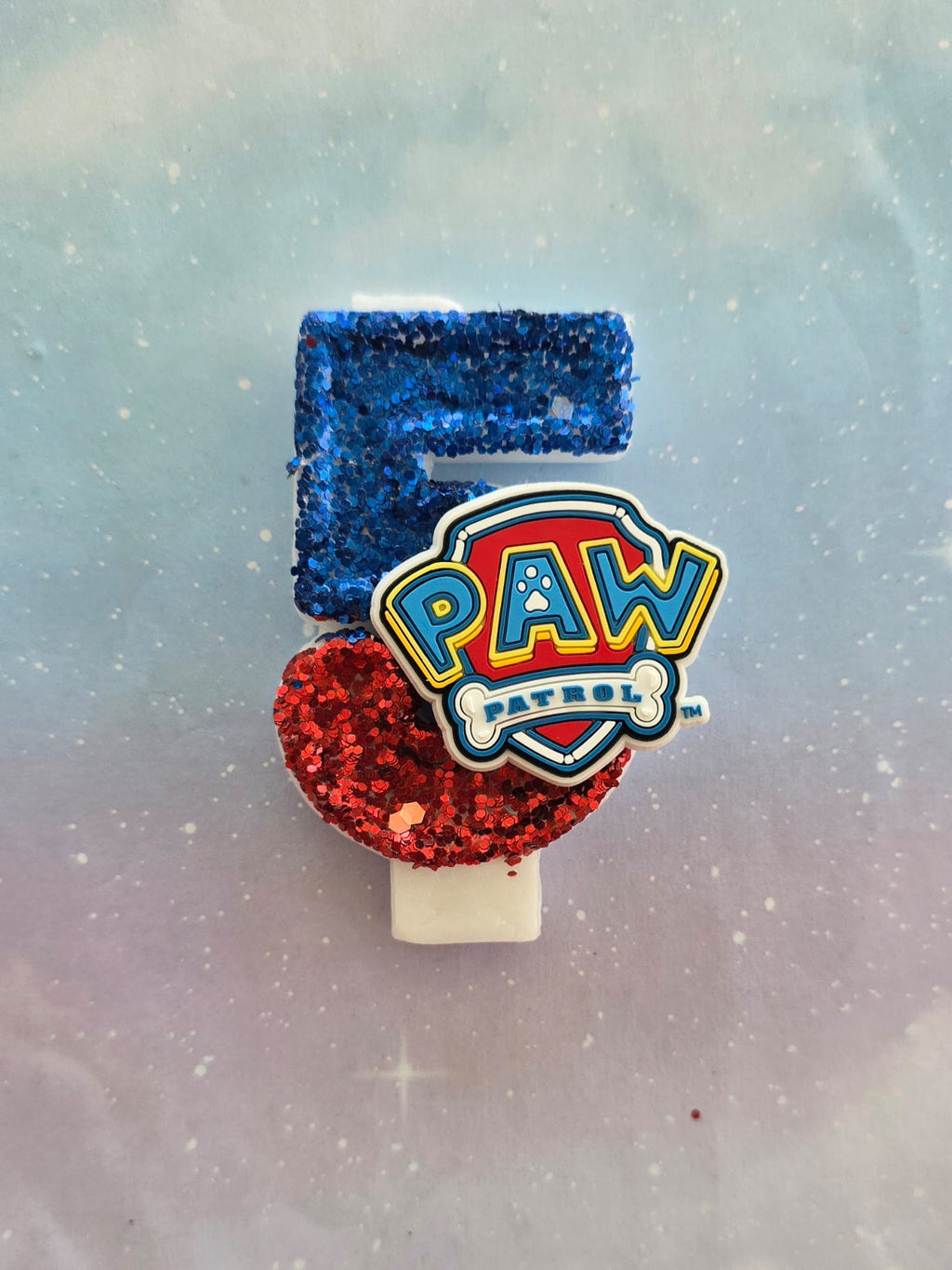 Paw Patrol Shield Birthday Number 5 Candle – Sparkly Royal Blue & Red Glitter Topper