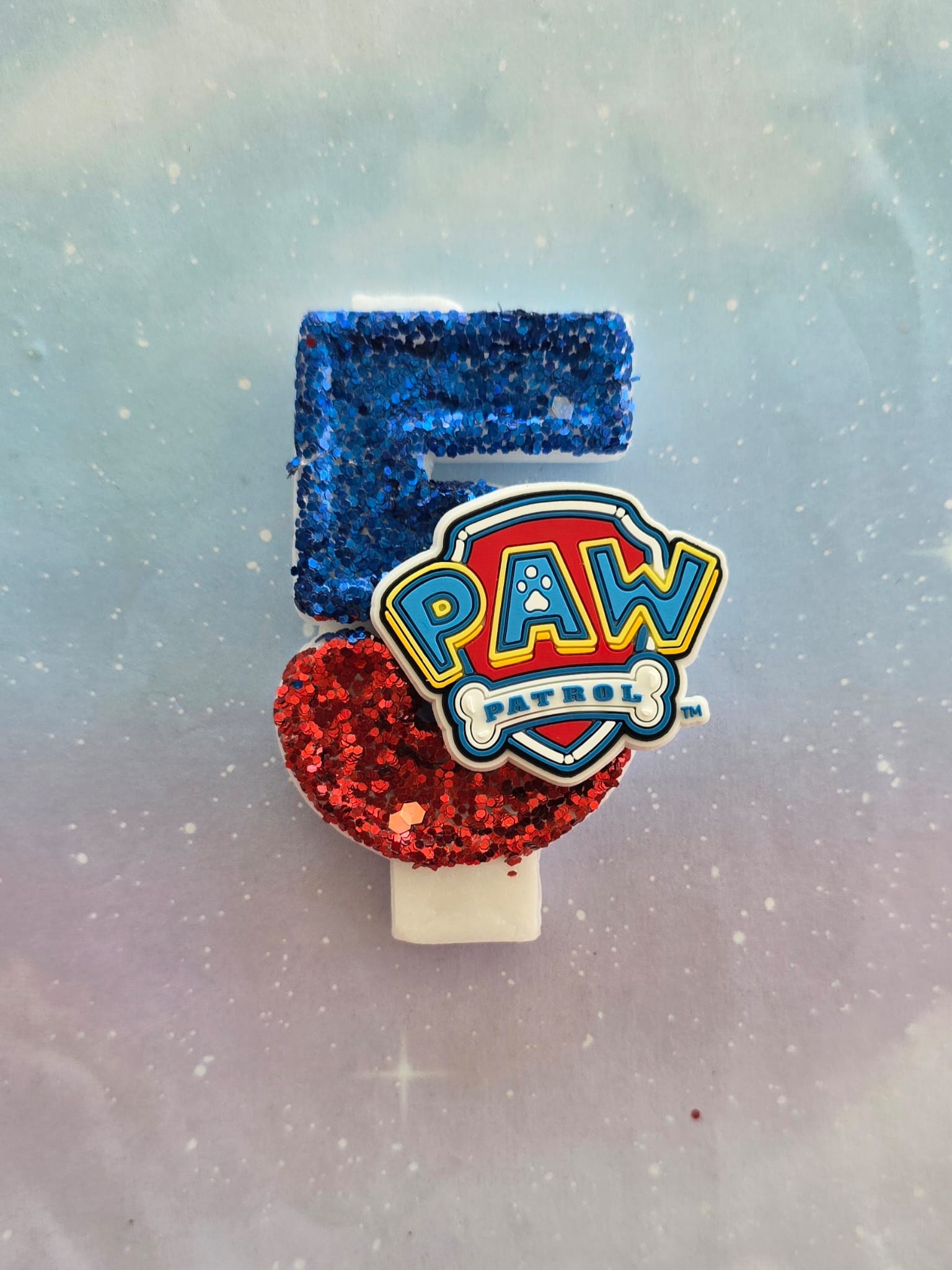 Paw Patrol Shield Birthday Number 5 Candle – Sparkly Royal Blue & Red Glitter Topper