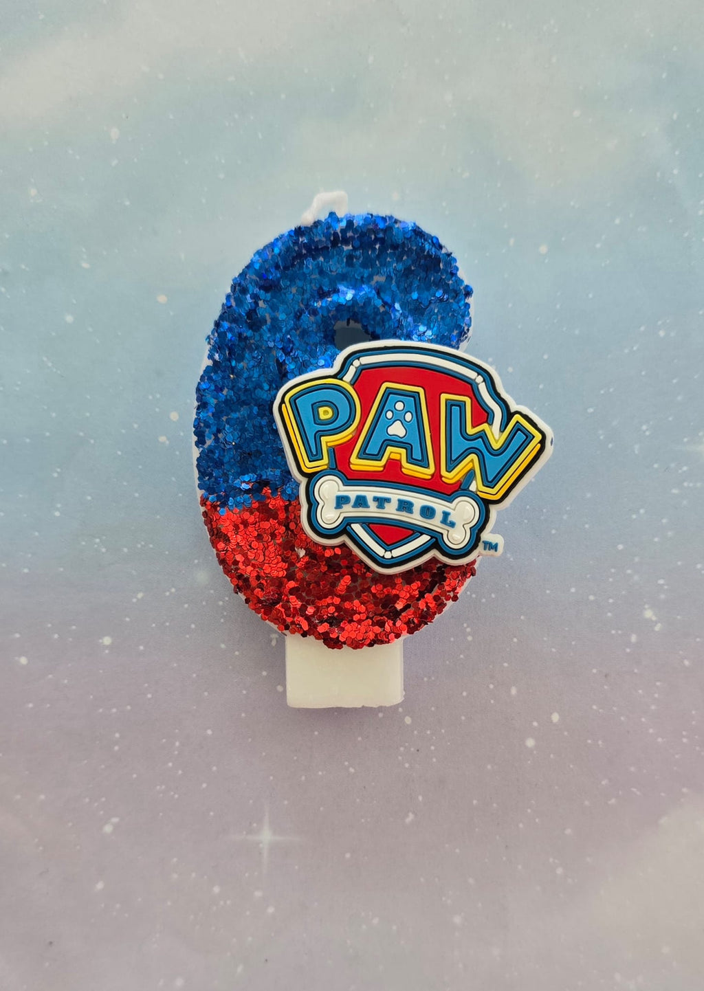 Paw Patrol Shield Birthday Number 6 Candle – Sparkly Royal Blue & Red Glitter Topper