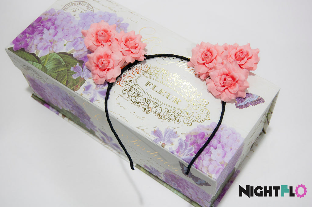 Peach Pink Rose Floral Kitty Ears Headband – Soft Peach Rose Blossom Kitty Ears w Optional LED Light-Up Finish